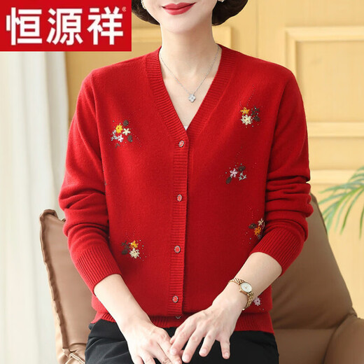 Hengyuan Xiangyang knitted cardigan jacket women's sweater new spring and autumn middle-aged and elderly mother's top pure wool sweater Chinese red 2XL