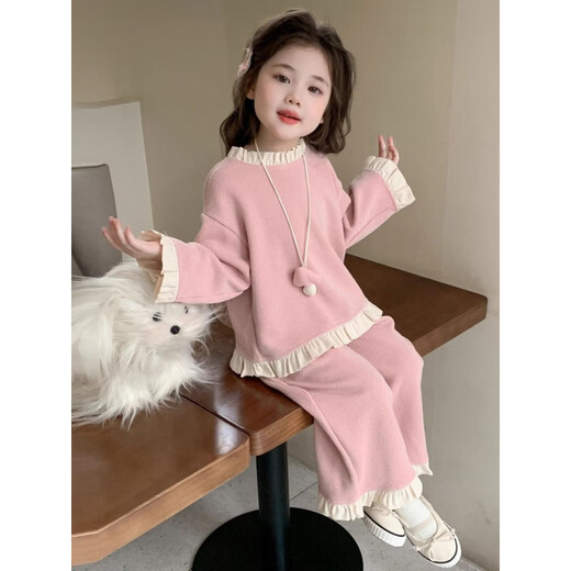 Wooden house girls spring and autumn fashionable sweatshirt set 2026 new baby autumn Korean style fashionable wide-leg pants two-piece set pink 140