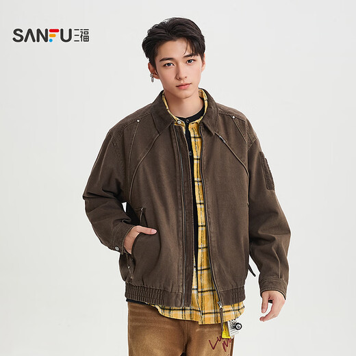 SANFU 2026 Spring Men's Split Color Lapel Work Jacket Street Fashion Loose Jacket 518559 Khaki M