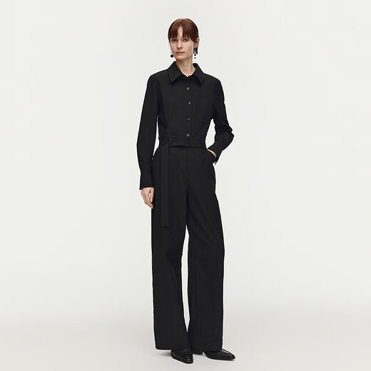 AUM Easy Suit 2026 Spring New Fashion Lapel Waist Black Oxford Cloth Top Pants Women Black Top M