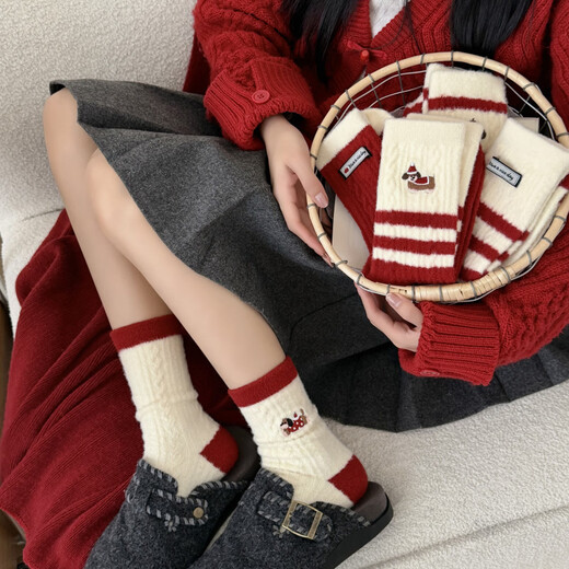 Shijanu winter thickened Australian velvet puppy socks for women mid-calf big red plush stockings 172 Australian velvet 5 pairs one size