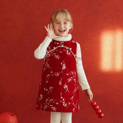 Yantaijia girls' new Chinese style Chinese style quilted dress children's New Year's wear baby red cheongsam dress New Year's greetings dress red 80