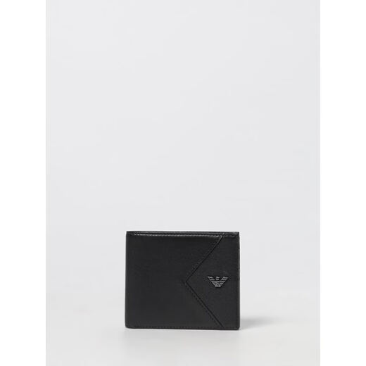 Armani (ARMANI) EA men's wallet black leather stitching folding short clip wallet Black 00U