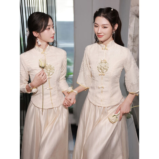 Xinyoujie 2025 Spring New Chinese Style Champagne Cheongsam Slim Bridesmaid Dress Premium 2026 M12 Champagne S