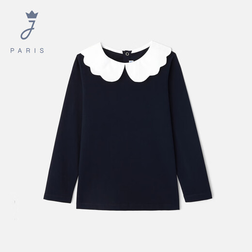 JACADI girls French long-sleeved T-shirt 2026 spring new lace collar cotton casual top trendy navy 123 105 /4A