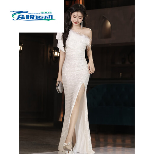 ZKHE autumn and winter host fishtail skirt white annual meeting evening dress women's new style light luxury niche high-end white XS
