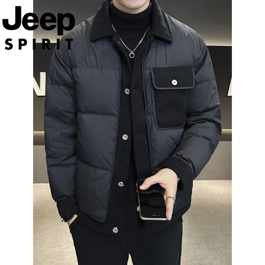 JEEP SPIRIT International brand winter high-end splicing men's down jacket Korean style lapel short jacket fashionable and versatile black L 110-130