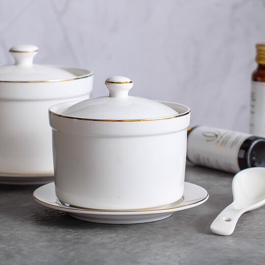 CiH Huijin stew pot ceramic hotel bird's nest soup bowl with lid water-proof stew pot set dessert cup high temperature resistance 4-inch Huijin straight stew pot single + bottom plate with spoon