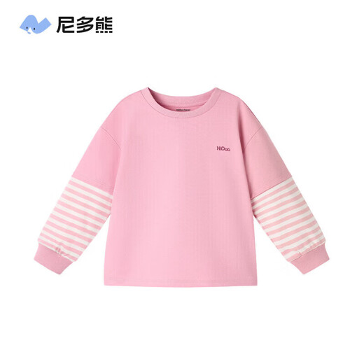 Nido Bear winter new children's T-shirt boys and girls contrast striped long-sleeved baby casual round neck spring and autumn peach pink 80 cm