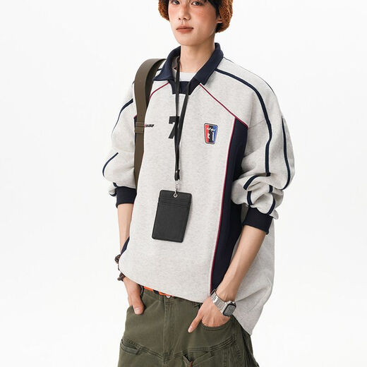 PANMAX American heavyweight sports sweatshirt for men and women 2026 new autumn retro splicing versatile college style polo collar jacket white S