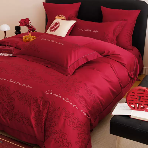 Yusenyi high-end cotton wedding four-piece set red pure cotton new wedding bedding sheets quilt cover female companion Xingyue Myth Red 3-1.8 meters bed sheet style four-piece set (quilt cover suitable for 200x2