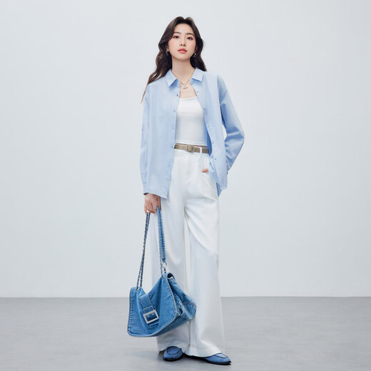 IEF/Aiyifu 2026 spring new Korean style simple solid color basic commuting all-match shirt with top sky blue S