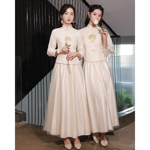Xinyoujie 2025 Spring New Chinese Style Champagne Cheongsam Slim Bridesmaid Dress Premium 2026 M12 Champagne S