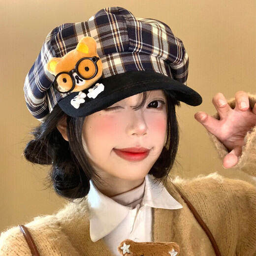 JIOESC cute glasses bear plaid beret for women autumn and winter sweet face-showing small octagonal hat casual versatile painter hat QC gray plaid bear whitening and slimming one size 56-58cm