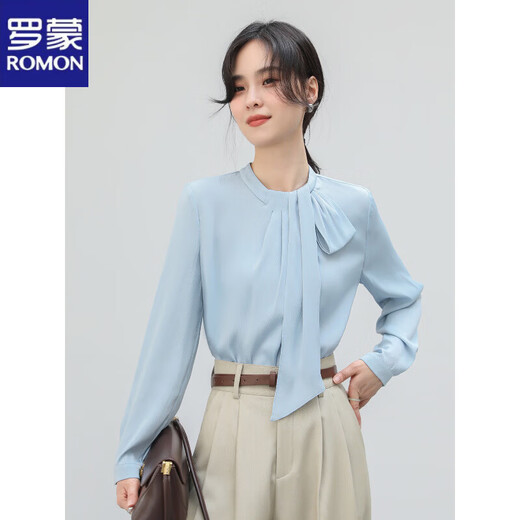 ROMON ribbon blue shirt for women spring new temperament professional commuting shirt high-end satin top blue suitable for spring and summer S