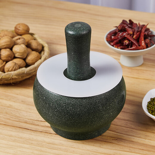 Miaopule natural medicine jar stone mortar household garlic pounder kitchen garlic masher press garlic green peel garlic masher food grinder small diameter 14CM comes with anti-splash lid