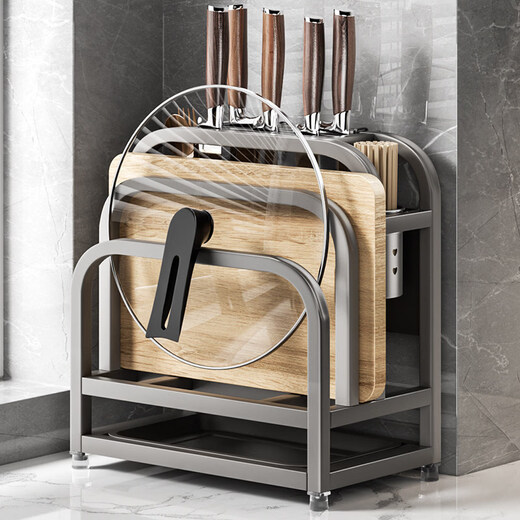 Tuojin gun gray kitchen chopping board storage rack knife holder pot lid knife spoon integrated storage rack countertop chopsticks and cutting board placement rack gun gray simple thickened stainless steel medium size (double chopstick barrel + chopping board holder + knife holder)