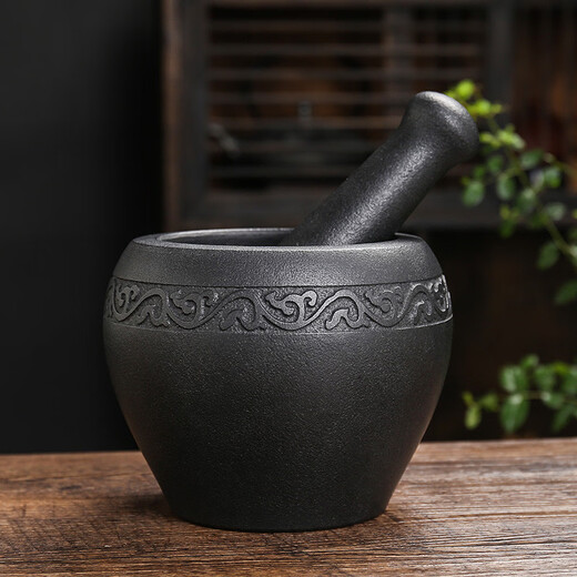 Miaopule natural black gold stone bowl pepper grinder, old-fashioned stone cup, traditional stone mortar, garlic pounding tool with stone scoop, easy black gold stone outer diameter 13, plain water drop shape design