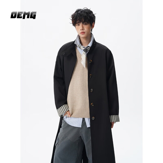 OEMG Korean fake two-piece British windbreaker jacket for men in spring and autumn, knee-high mid-length trendy brand design large clothes, black XL recommended 110-130Jin Jin equals 0.5kg