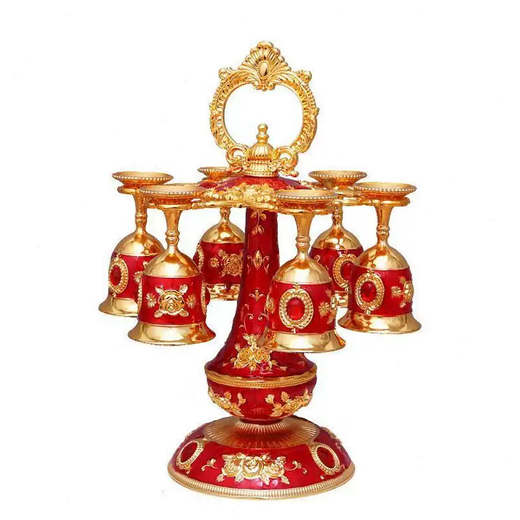 Yusenyi Selected Wineware Set Metal European White Wine Glass Double-layer Cup Holder 6 Cups 12-cup Wineware Set Retro Enamel Wine Double-layer Rich Silver White Red Flower