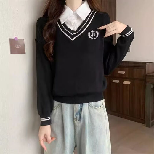 Playboy (PLAYBOY) college style POLO collar fake two-piece shirt vest sweater for women spring unique and chic small top short sweater official flagship black S recommended 80-95Jin Jin is equal to 0.5 kg