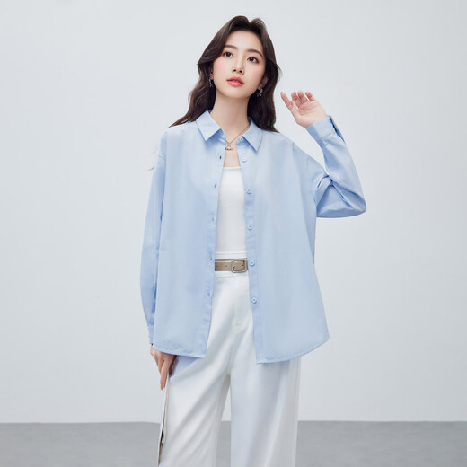 IEF/Aiyifu 2026 spring new Korean style simple solid color basic commuting all-match shirt with top sky blue S