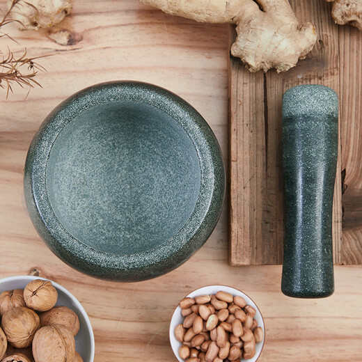 Miaopule natural medicine jar stone mortar household garlic pounder kitchen garlic masher press garlic green peel garlic masher food grinder small diameter 14CM comes with anti-splash lid