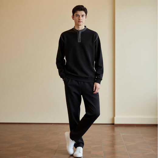 Q ZHIHE New Chinese Style Stand Collar Contrast Color Half Cardigan Sweater Men's 2026 Spring Trendy Casual Pullover Knitted Bottoming Shirt Top 01A Black S