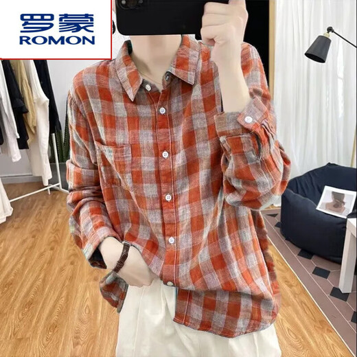 ROMON 100% cotton shirt women's thin double-layer fabric spring and autumn long-sleeved high-quality plaid lapel age-reducing loose top red XL recommended 115-130