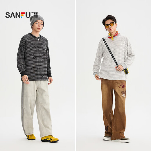 SANFU 2026 spring men's frayed horizontal striped long T-shirt loose fake two-piece round neck top 520419 black M