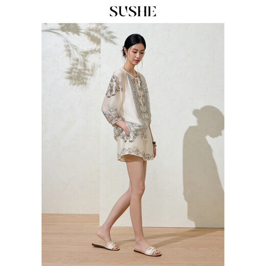 SUSHE Youli New Bohemian Style Tencel Linen Printed Top Elastic Waist Shorts Suit Women Dark Color-Top (comes with suspenders) L