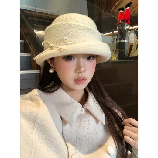Shijanu retro French bow hat wig women's autumn and winter Hepburn style fisherman hat black brown water ripple milk white bow hat