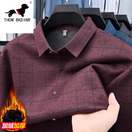 THOM BKDINR汤姆.布朗羊毛保暖蚕丝衬衫长袖加绒加厚衬衣中老年商务休闲格子 628灰色 加绒 XL 135-150斤穿