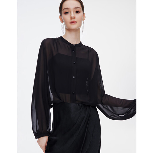GIOVANNI VALENTINO long-sleeved casual round neck shirt for women elegant and fashionable transparent loose black jacket black S