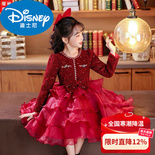 Disney girls princess dress children's style dress new autumn and winter clothing plus velvet tutu skirt New Year's wear 7821 red plus velvet shelf life 140 (recommended to wear 50-59 Jin Jin equals 0.5 kg)