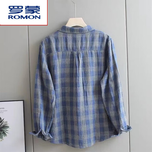 ROMON 100% cotton shirt women's thin double-layer fabric spring and autumn long-sleeved high-quality plaid lapel age-reducing loose top red XL recommended 115-130