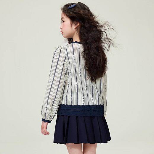 Princess Yuanyuan Retro Striped Shirt Girls' Lace Spliced Shirt Spring and Autumn Children's French Puff Sleeve Bottoming Top