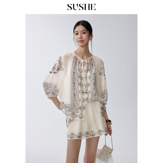 SUSHE Youli New Bohemian Style Tencel Linen Printed Top Elastic Waist Shorts Suit Women Dark Color-Top (comes with suspenders) L