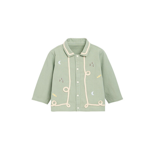 White wheat flannel children's 26 spring new long-sleeved shirt boys and girls pure cotton embroidered shirt blue green 80