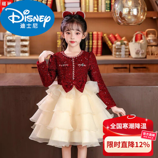 Disney girls princess dress children's style dress new autumn and winter clothing plus velvet tutu skirt New Year's wear 7821 red plus velvet shelf life 140 (recommended to wear 50-59 Jin Jin equals 0.5 kg)