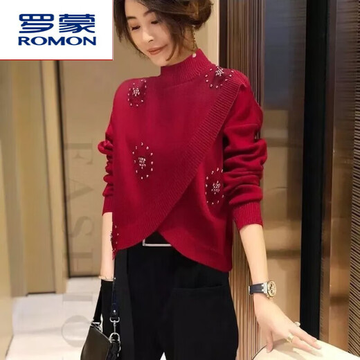 ROMON Cardigan Women's Chinese Red Knit Sweater Half Turtle Collar Loose Western Style Autumn and Winter New European Station Bottoming Sweater Bright Red Beads M 90Jin Jin is equal to 0.5kg -105Jin Jin is equal to 0.5kg
