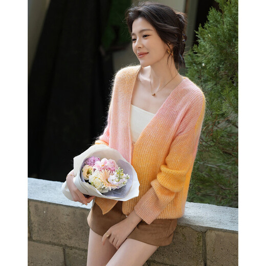 Demana sheep wool/mohair spring irregular gradient cardigan V-neck small slim knitted sweater for women
