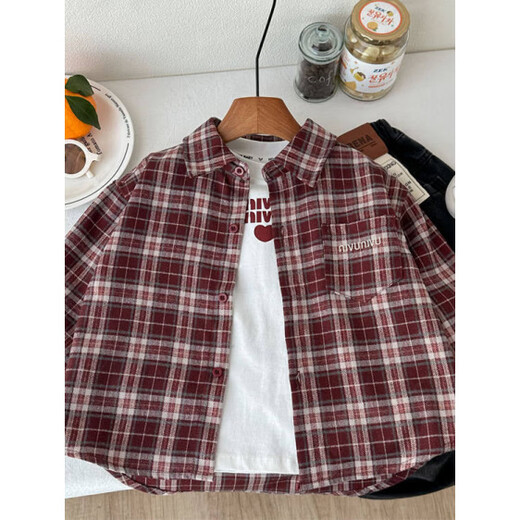 G.duck Korean style boys' brushed plaid shirt, handsome college style spring girl's thin long-sleeved jacket, fashionable red plaid shirt, same style for men and women 110 cm