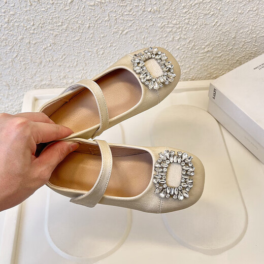 Girls' Leather Shoes 2026 Spring and Autumn New Rhinestone Versatile Children's Princess Shoes Non-Slip Soft Bottom Flat Shoes Champagne Color Single Layer 27 Inner Length 17.5cm