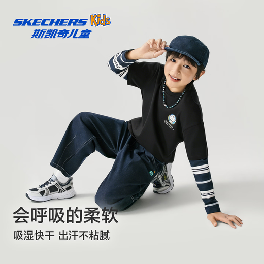 Skechers Doraemon limited design T-shirt children's spring new long-sleeved tops for boys and girls L126K044 carbon black /0018 130