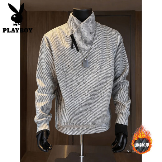 Playboy (PLAYBOY) chenille velvet thickened heavyweight sweatshirt men's American diagonal zipper stand collar herringbone pattern bottoming shirt long-sleeved T-shirt white velvet M