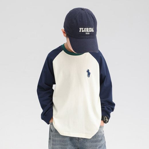 Zuoxi boys long-sleeved T-shirt 2026 spring and autumn children's pure cotton bottoming shirt raglan contrast color versatile navy blue 140