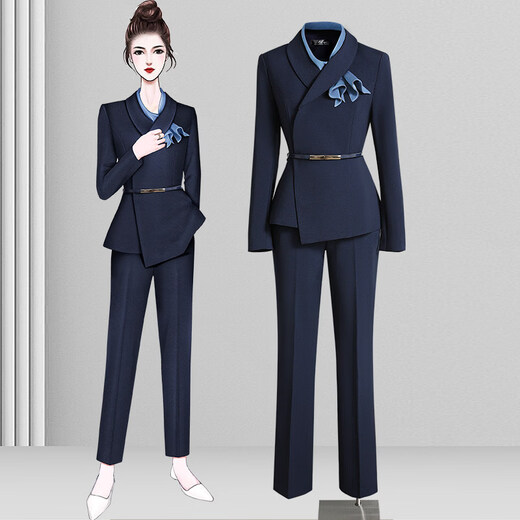 High-end professional suit suit, feminine fashion, case customer service, beauty salon work clothes, hotel front desk work clothes, navy suit + skirt, light blue silk scarf, L recommended 108-117 Jin Jin equals 0.5 kg