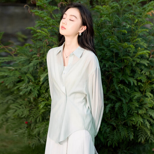 Tricolor acetic acid 2026 spring new style lapel long-sleeved shirt shirt loose temperament top design S bean green M 160/84A