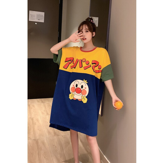 Pinkdackeb Japanese Anpanman Nightgown Women's Summer Thin Loose Cartoon Cute Short-Sleeved Cotton Pajamas Home Clothes Anpanman M Size (90-125Jin [Jin equals 0.5kg])